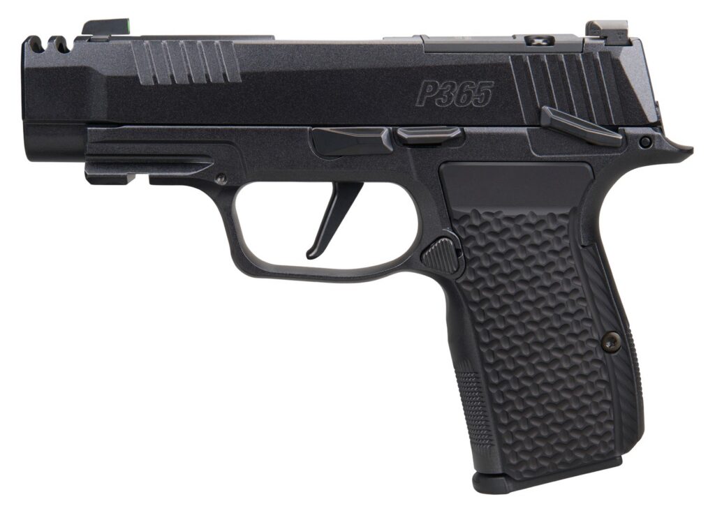 Sig Sauer 365AXG380COMPLUXEMSCA P365 AXG LUXE Micro-Compact 380 ACP 10+1 3.10" Black Pearlescent Cerakote Stainless Steel Integrated Compensator/Optic Ready/Serrated Slide & Frame w/Picatinny Rail, Bl