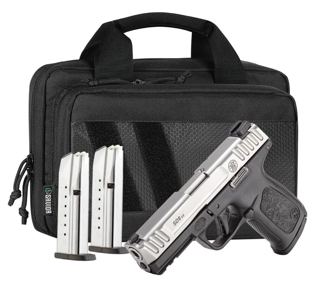 Smith & Wesson 14954 SD9 2.0 Bundle Compact Frame 9mm Luger 16+1 4" Satin Stainless Steel Serrated Slide, Black Polymer Frame w/Picatinny Rail, Textured Grip, Savior Bag, Three Mags