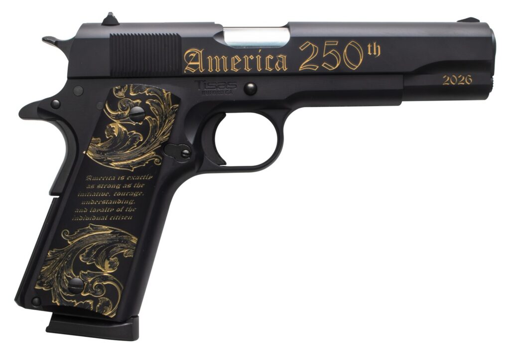 Tisas Arms 10100518US250 1911 America's 250th Full Size 45 ACP 7+1 5" Stainless Barrel, Black w/Gold Engraving Steel Serrated Slide, Black w/Gold Engraving Steel Frame w/Beavertail, Black w/Gold Accen
