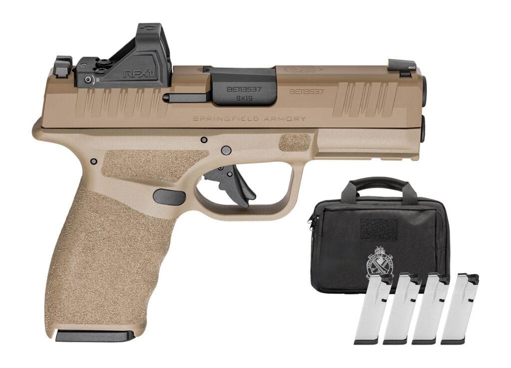 Springfield Armory HCP9379FOSPPAC Hellcat Pro OSP 9mm Luger 17+1 3.70" Black Melonite Barrel, FDE Cerakote Steel Optic Ready/Serrated Slide & Polymer Frame w/Picatinny Rail, Adaptive Texture Grip