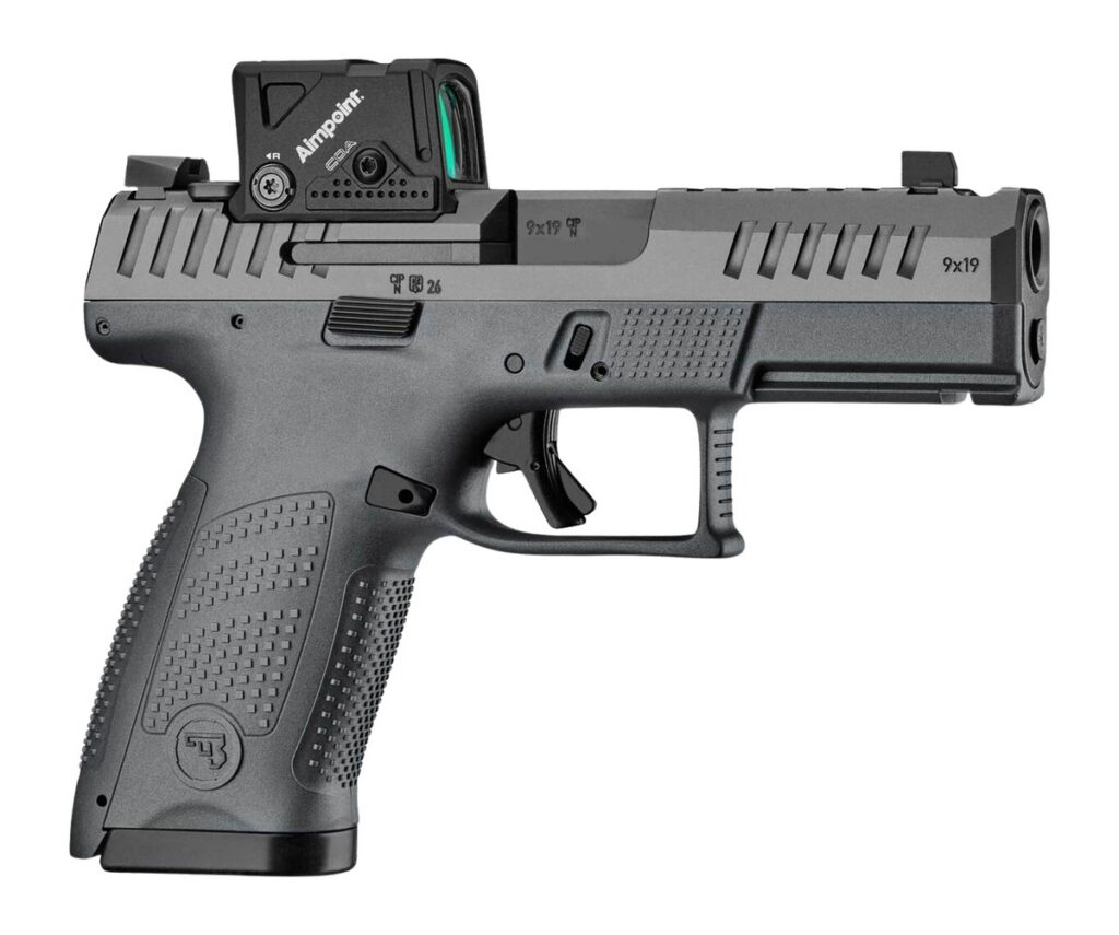 CZ-USA 91583 P-10 C w/Optic 9mm Luger 15+1 4" Integral Compensator Barrel, Ported w/Aimpoint COA 3.5 MOA Red Dot Slide, Black Polymer Frame w/Accessory Rail, Interchangeable Backstrap Grip