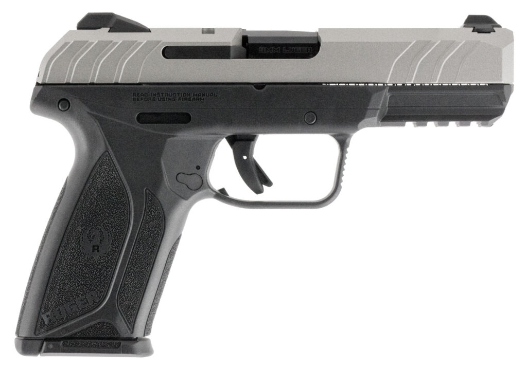 Ruger 3822 Security-9 Sports South Exclusive 9mm Luger 15+1 4" Blued Alloy Steel Barrel, Silver Cerakote Serrated Steel Slide, Black Polymer Frame w/Picatinny Rail, Black Polymer Grip, Right Hand