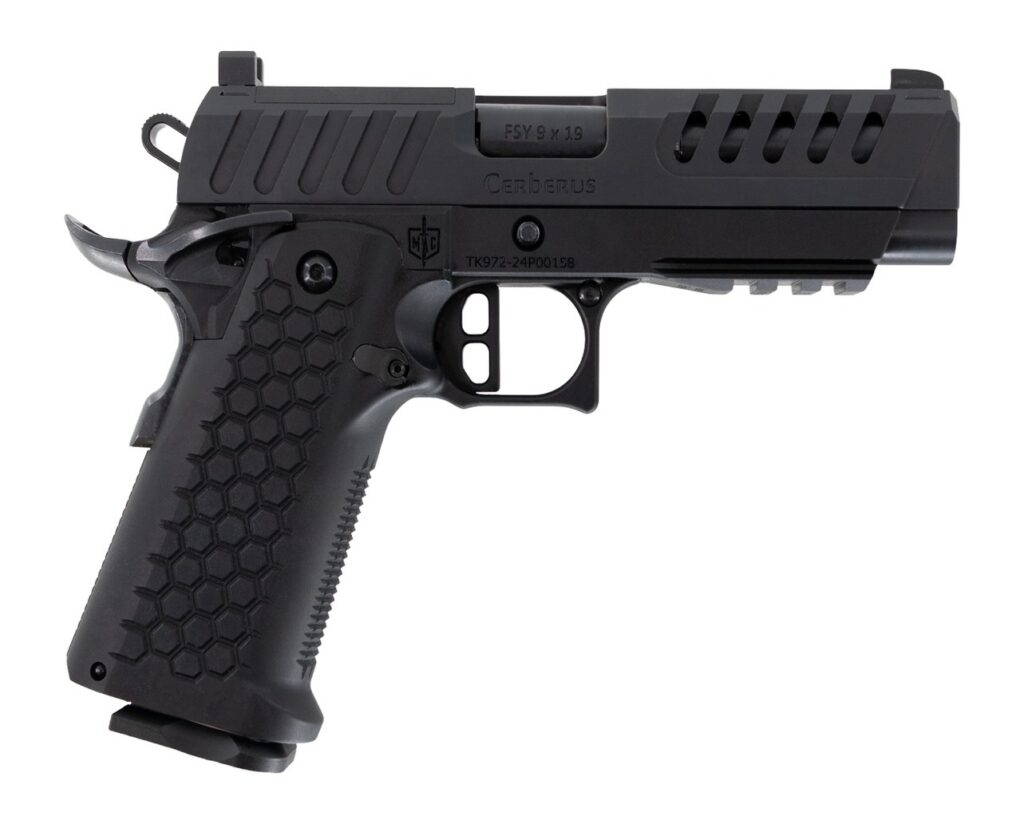 MAC 12500032 Cerberus 9mm Luger 17+1 4.40" Bull w/Target Crown Barrel, QPQ Tenifer Cerakote Optic Ready/Serrated Slide, Aluminum Grip, RMR Footprint