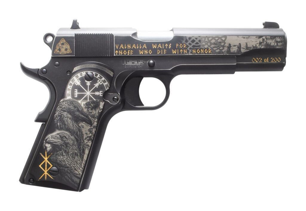 Tisas Arms Customs 10100516AA10 1911 A1 Stakeout Norse God Sports South Exclusive 45 ACP 8+1 5" Carbon Steel Serrated Slide Carbon Steel Frame w/Beavertail