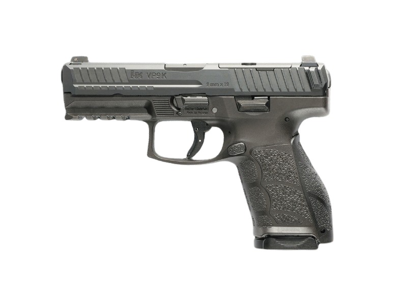 HK 81001239 A1 K-B Compact Frame 9mm Luger 10+1 4.03" Steel Optic Ready Slide. Black Polymer Frame w/Picatinny Rail. Textured Grip